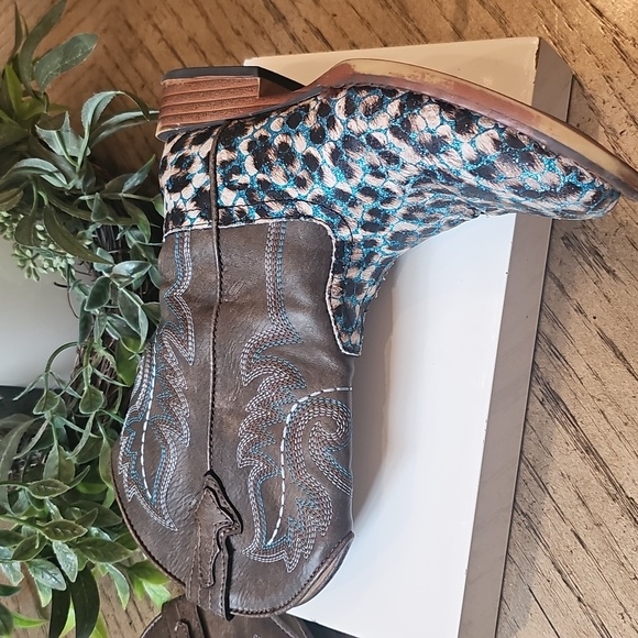 Roper Leopard Brown Blue Glitter Western Boots Size 11 Square Toe - Picture 7 of 10